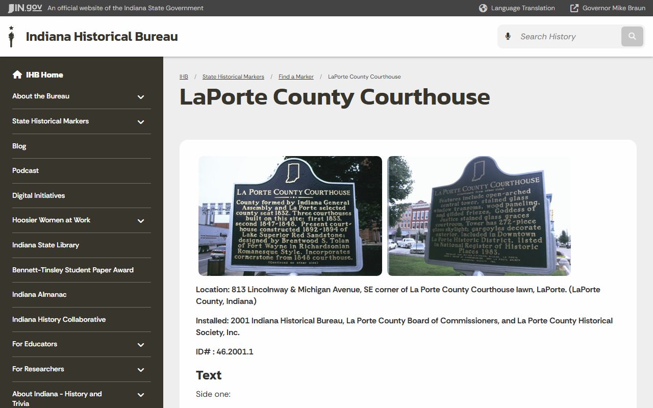 LaPorte County court records courthouse historical marker